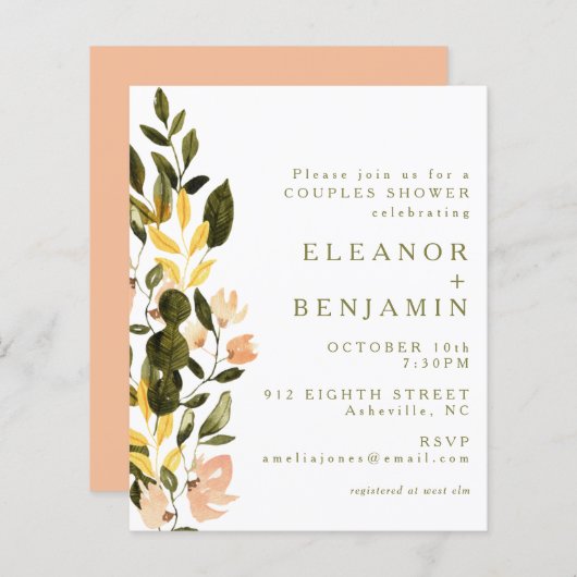 バジェット素朴ピーチフローラブライダルシャワー招待状 (正面/裏面)