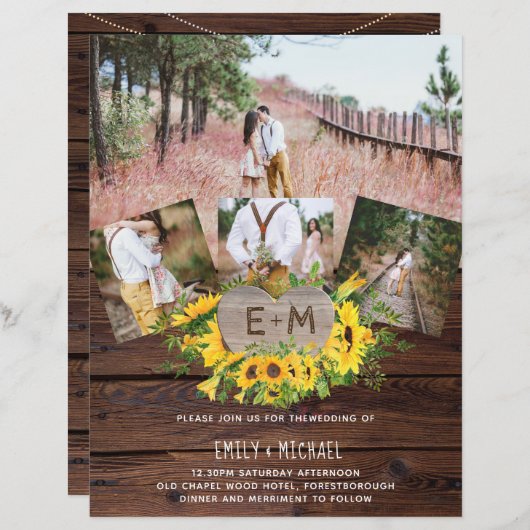 バジェット素朴フォトサンフラワー結婚式招待状 (正面/裏面)