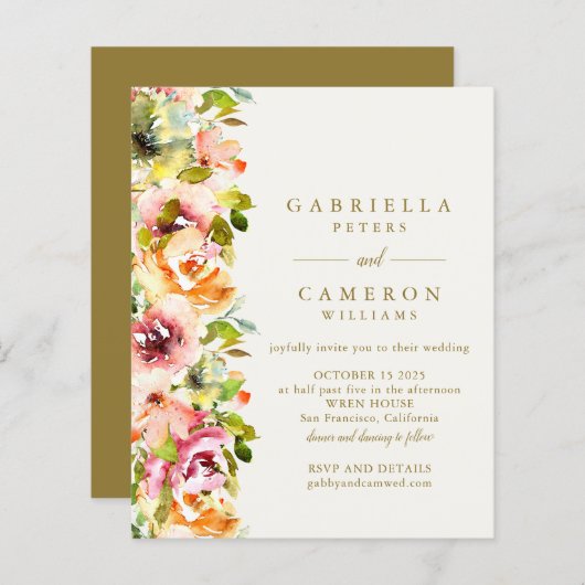 バジェット素朴ブルゴーニュ金ゴールドフローラ結婚式の招待 (正面/裏面)