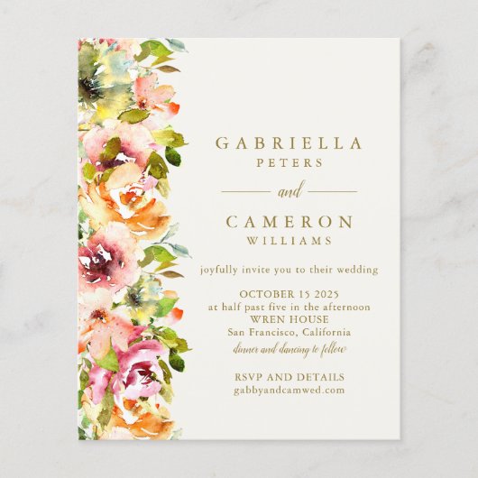 バジェット素朴ブルゴーニュ金ゴールドフローラ結婚式の招待 (正面)