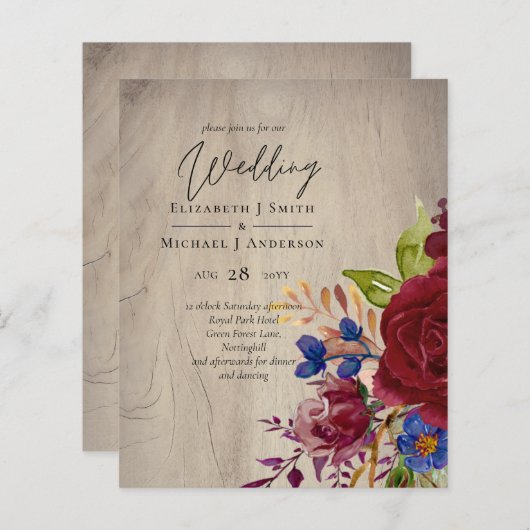 バジェット素朴ブルゴーニュ青フローラ結婚式の招待 (正面/裏面)