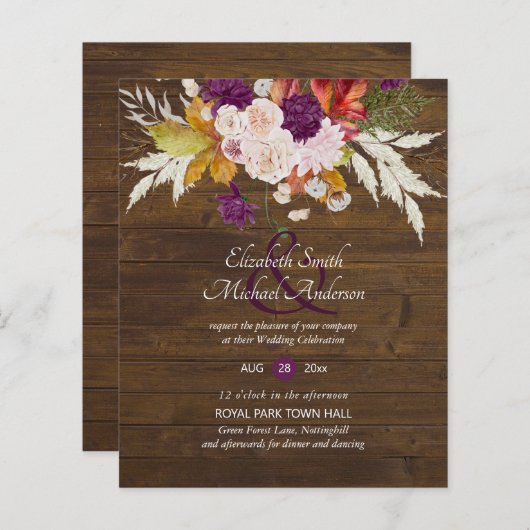 バジェット素朴プラム開花ジンジャーウェディング招待 (正面/裏面)