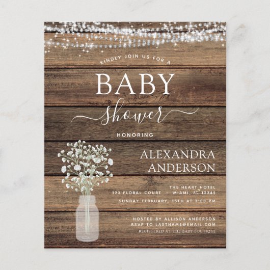 バジェット素朴ベビーシャワージャールライト招待状 (正面)