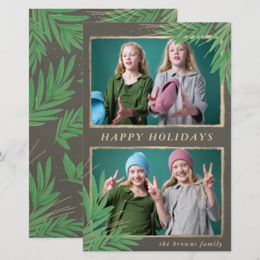 バジェット素朴ボタニカルツーフォトホリデーカード (正面/裏面)