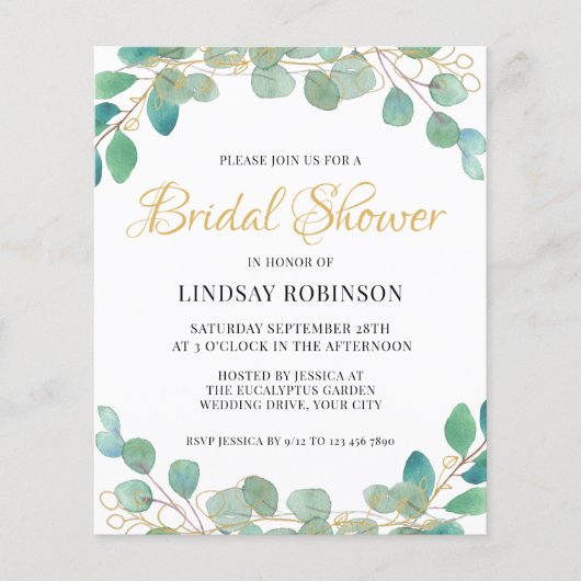 バジェット素朴ユーカリプトゥスブライダルシャワー招待 (正面)