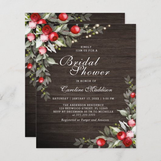 バジェット素朴ライトウィンターブライダルシャワーフライヤー (正面/裏面)