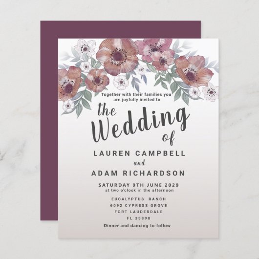 バジェット素朴レッドオレンジ結婚式招待状 (正面/裏面)