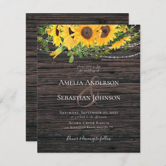 バジェット素朴秋ひまわり結婚式招待状 (正面/裏面)