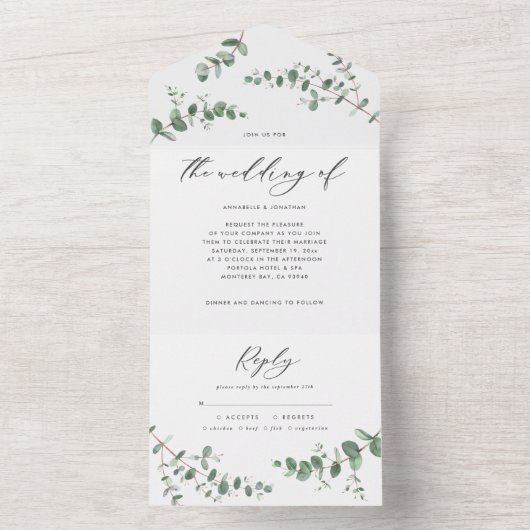 バジェット結婚のユーカリプタス植物学招待状+ rsvp オールインワン招待状 (内側)