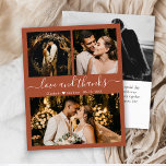 バジェット結婚の写真テラコッタサンキューカード<br><div class="desc">予算，モダンテラコッタエレガントハンドレタの結婚3枚の写真コラージュありがとうごパーソナライズされたざいま手頃す低い予算の薄いカード。ミニマ結婚リストのサンキューカードテンプレートは、前面に3枚の写真、背面に1枚の写真を掲載。文字「愛と」を手に入れ感謝していてタイポグラフィの台本フォントにテラス渦巻形のコッタの豚と自然し、錆びたオレンジ色の背景を燃やす。名前の間のハートは少ない。名前をカスタムするのパーソナライ感謝していズとメッセージ。ノートもしを手書きしたい場合は、サンプル文字を削除して宇宙を増やす。おもしし救済は一致する品が欲しい連絡よ！</div>