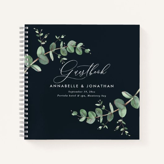 バジェット結婚ズのユーカリプタスのラスティックブラックゲストブック ノートブック (正面)