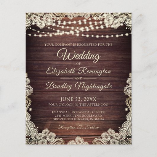 バジェット結婚ズ素朴ウッドライトレース招待状 (正面)