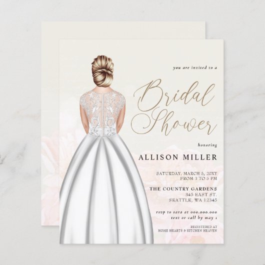 バジェット結婚ドレスブライダルシャワー招待 (正面/裏面)