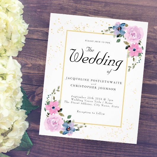 バジェット結婚式招待状ブルーピンクフローラフライヤー チラシ