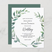 バジェット結婚式招待状モダンオリーブ葉 (正面/裏面)
