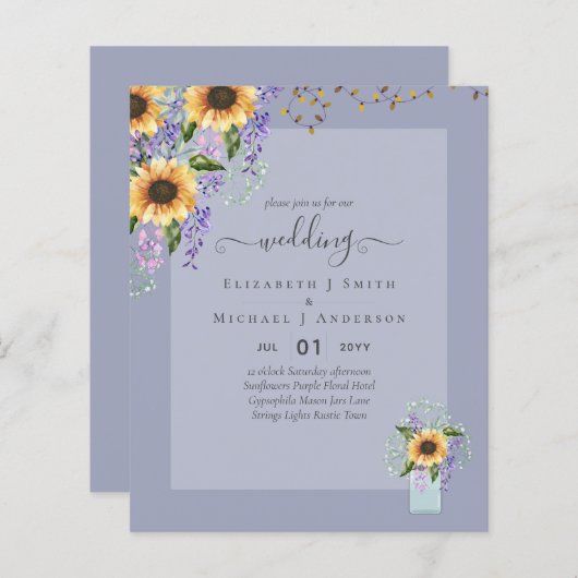 バジェット結婚式招待状素朴サンフラワーズシック (正面/裏面)