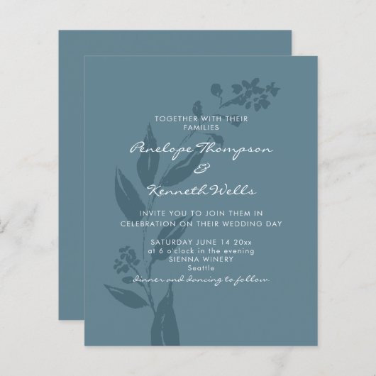 バジェット結婚式招待状素朴ブルーボタニカル (正面/裏面)