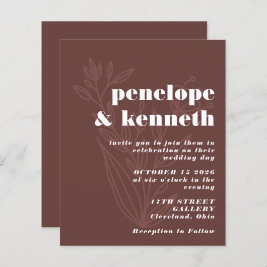 バジェット結婚式招待状素朴 – ブラウン植物学 (正面/裏面)