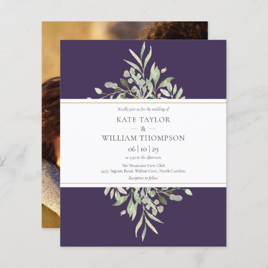 バジェット緑の紫結婚の写真招待状 (正面/裏面)