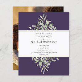 バジェット緑の紫結婚の写真招待状