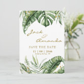 バジェット緑の葉ボホウェディング日付カードを保存 招待状 (スタンド正面)