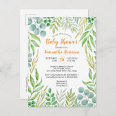バジェット緑の葉秋植物性ベビーシャワー インビテーションポストカード (正面/裏面)