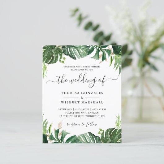バジェット緑豊かな熱帯のパームリーフウェディングの招待 (スタンド正面)