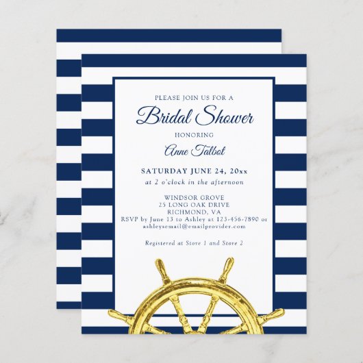 バジェット航海のネイビー金ゴールドブライダルシャワー招待 (正面/裏面)