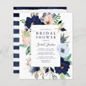 バジェット航海のブルーフローラブライダルシャワー招待状 (正面/裏面)