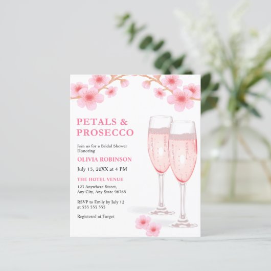 バジェット花びら&プロセッコピンクブライダルシャワー招待状 (スタンド正面)