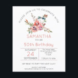 バジェット花模様コーラルピンク50th誕生日招待状<br><div class="desc">花模様コーラルピンク50誕生日招待状。予算フレンドリーは4.5インチx 5.6インチの代替品。セミグロス110 lbカード素材またはサテン仕上げ80 lbシンナー紙素材。封筒はオプションで追加できる。50歳フェミニンの誕生日パーティーにゲストを招待状するためのスタイル。簡単に文字をパーソナライズする。タイポグラフィは、自分の詳細にパーソナライズするために簡単である。反対側のサンゴの背景は花と座標を合わせる。色を好みの色に変違う更しもし、更なるオプションで希望するもし文字の色に変更すカスタマイズることができる。</div>