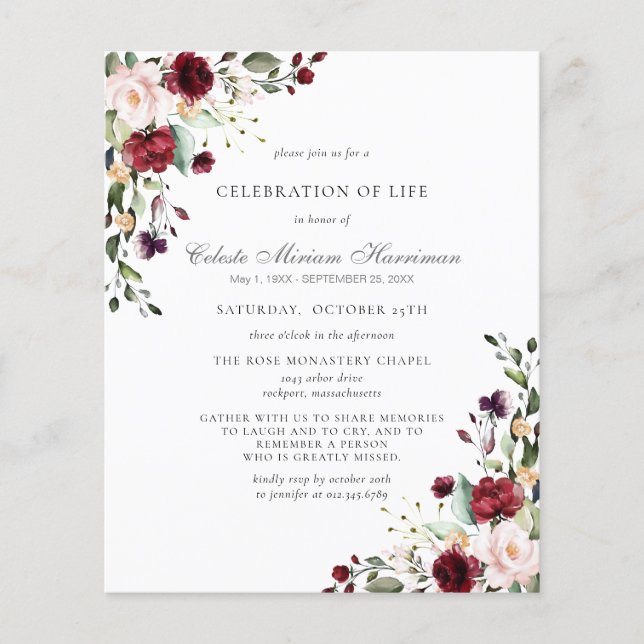 バジェット葬儀ブルガンディーレッドローズフローラ招待状 (正面)