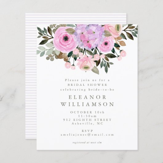 バジェット薄紫ピンクフローラブーケブライダルシャワー (正面/裏面)