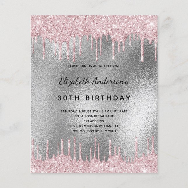 バジェット誕生日シルバーグリッターピンク招待状 (正面)