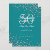 バジェット誕生日シルバーグリッター紙吹雪ティール（緑がかった色） 招待状 (正面/裏面)