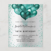 バジェット誕生日シルバーティール（緑がかった色）グリッター招待 (正面)