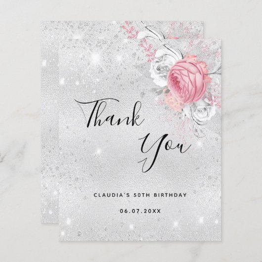 バジェット誕生日シルバーピンクの花模様感謝していユー (正面/裏面)