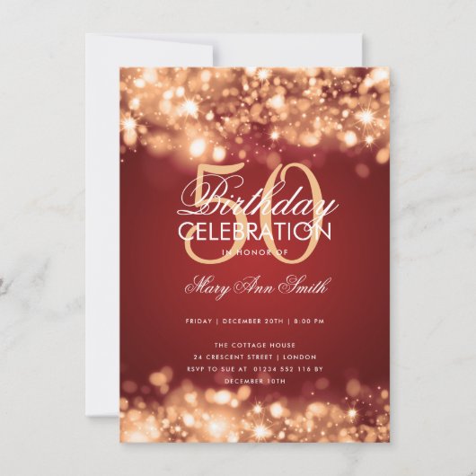 バジェット誕生日パーティエレガント金ゴールド赤いライト 招待状 (正面)