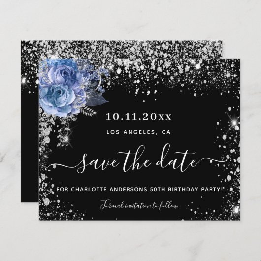 バジェット誕生日パーティー黒いシルバー日付を保存 (正面/裏面)