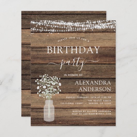 バジェット誕生日ベビーズブレス素朴招待状 (正面/裏面)