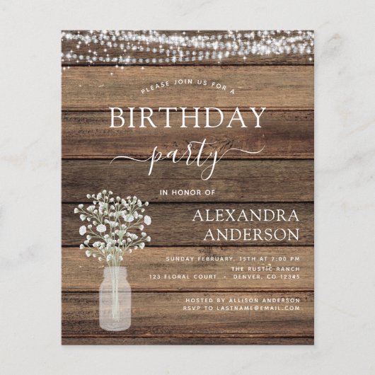 バジェット誕生日ベビーズブレス素朴招待状 (正面)