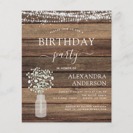 バジェット誕生日ベビーズブレス素朴招待状 チラシ (正面)