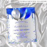 バジェット誕生日王室のブルーシルバー招待<br><div class="desc">18ガーリー歳(まフェミニンたは任意の年齢)の誕生日パーティーの招待。前面:銀フェイク色。青い飾グリッターのドリッフェイクプと絵を描風船の王室の滴り。名前とパーティー・詳細のパーソナライズおよび追加名前は手書入力のスタイルスクリプトで指定する。</div>
