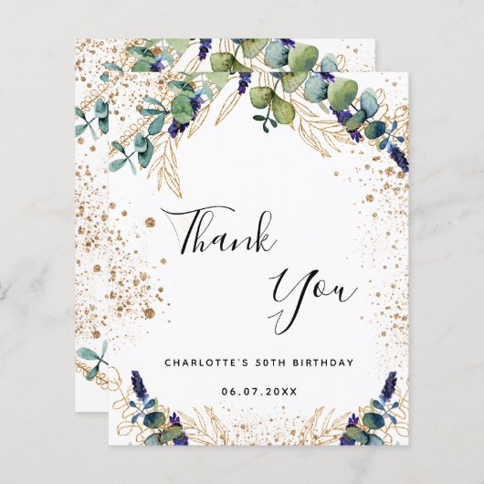 バジェット誕生日50ユーカリサンキューカード (正面/裏面)