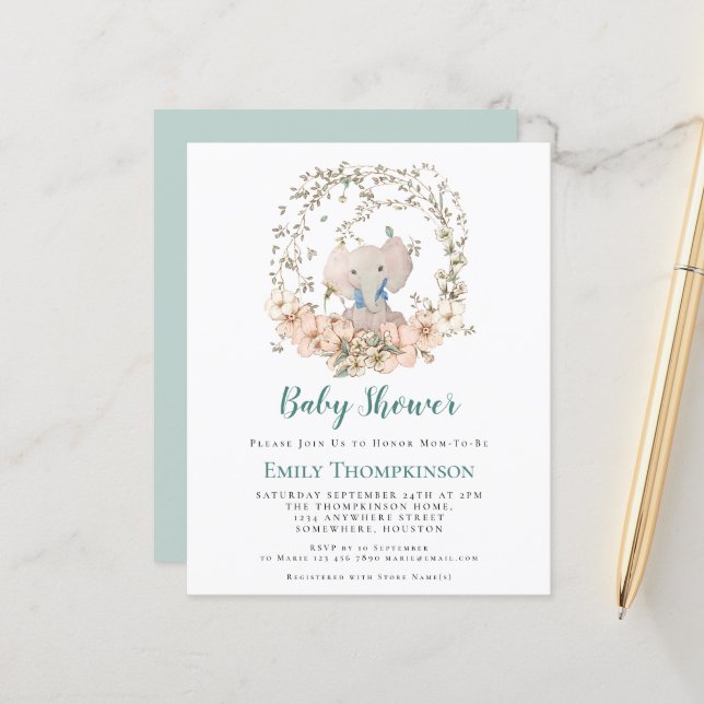 バジェット象の葉の少年ベイビーシャワー招待状 (正面/裏面インサイチュ)