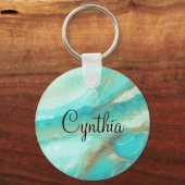 バジェット買、ターコイズ大理石金ゴールドプリント キーホルダー (正面)