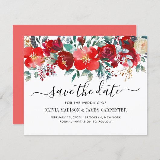 バジェット赤い冬の植物フローラ日付を保存 (正面/裏面)