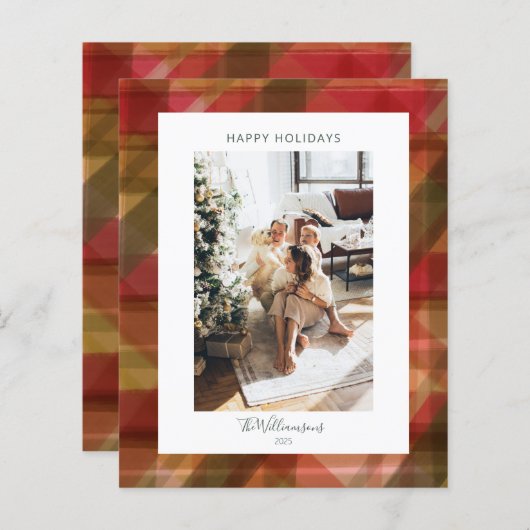 バジェット赤い緑の素朴格子模様の写真クリスマスカード (正面/裏面)