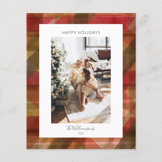 バジェット赤い緑の素朴格子模様の写真クリスマスカード (正面)