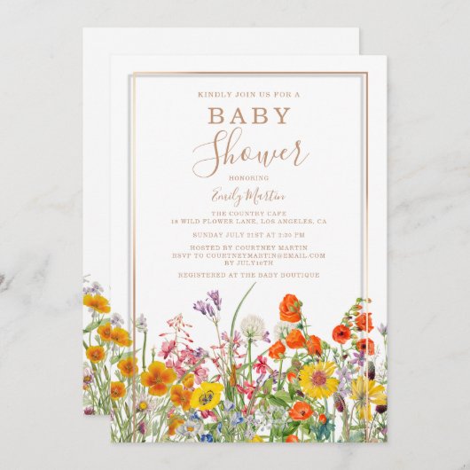 バジェット赤ちゃんカラフルシャワー国野生の花 招待状 (正面/裏面)